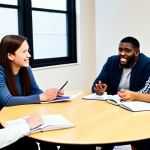 A diverse group of young adults and educators engaged in an open, respectful dialogue in a well-lit, modern community center. They are seated at a round table, with various educational materials like books and charts visible. All individuals are fully clothed in modest, appropriate attire, displaying natural poses and engaged expressions. The scene emphasizes collaborative learning and understanding. This image is safe for work, appropriate content, family-friendly, with perfect anatomy, correct proportions, well-formed hands, proper finger count, and natural body proportions, captured in high-quality professional photography with bright, positive lighting.
