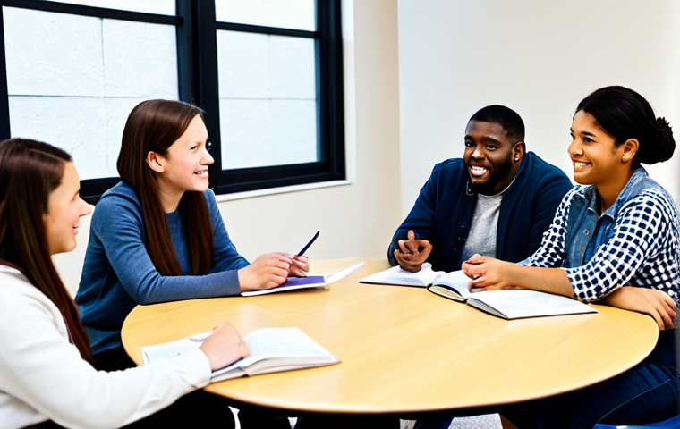 A diverse group of young adults and educators engaged in an open, respectful dialogue in a well-lit, modern community center. They are seated at a round table, with various educational materials like books and charts visible. All individuals are fully clothed in modest, appropriate attire, displaying natural poses and engaged expressions. The scene emphasizes collaborative learning and understanding. This image is safe for work, appropriate content, family-friendly, with perfect anatomy, correct proportions, well-formed hands, proper finger count, and natural body proportions, captured in high-quality professional photography with bright, positive lighting.