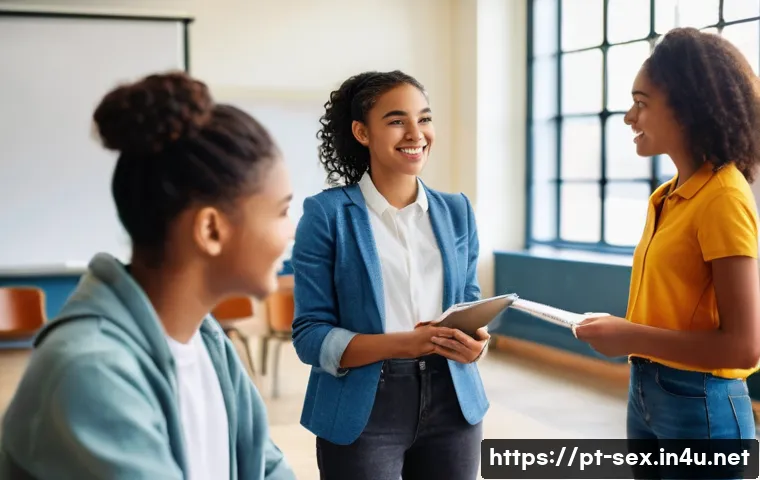 성교육과 성적 욕망의 사회적 영향 - **Prompt:** A diverse group of five teenagers (around 15-17 years old) in a brightly lit, modern cla...