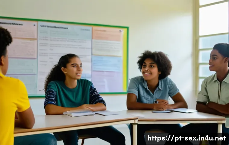 성교육과 성적 도덕성 - A diverse group of young Brazilian teenagers sitting in a modern classroom, engaged in an open and r...