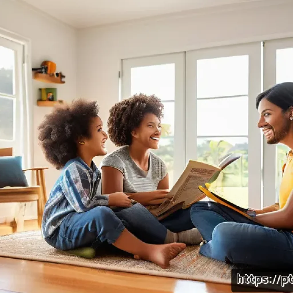 성교육과 가정 내 성역할 - A warm, cozy family living room scene in a modern Brazilian home, showing parents and two children— ...