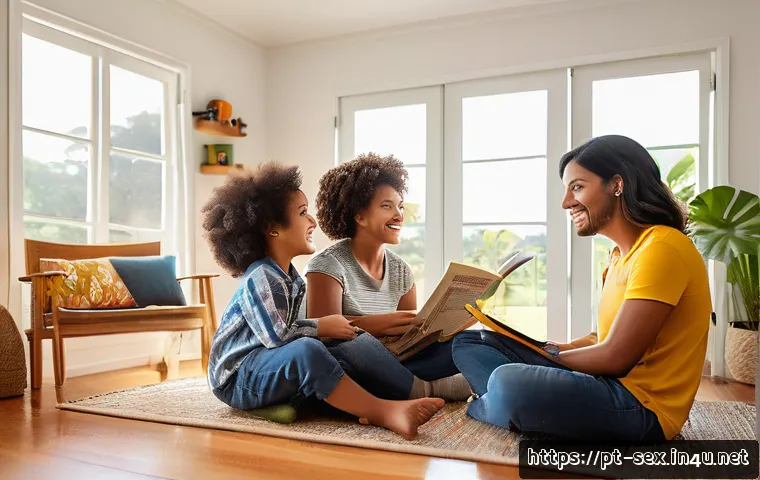 성교육과 가정 내 성역할 - A warm, cozy family living room scene in a modern Brazilian home, showing parents and two children— ...