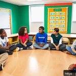 Home 21 성교육과 성소수자 - A diverse group of middle school students in a bright, modern classroom engaged in an interactive di...