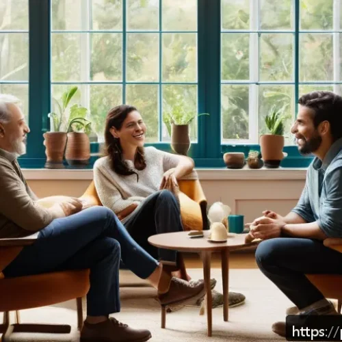 Home 30 성교육과 성적 상호 존중 - A warm, inviting living room scene featuring a diverse group of adults engaged in sincere conversati...